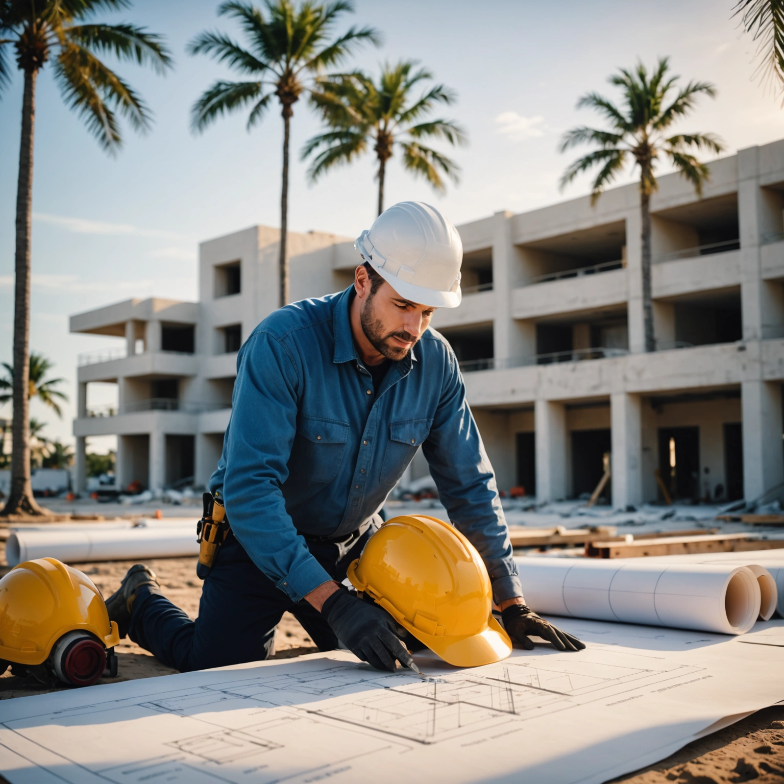 Blueprints on a clean jobsite with modern coastal architecture and palm trees Blueprints on a clean jobsite with modern coastal architecture and palm trees