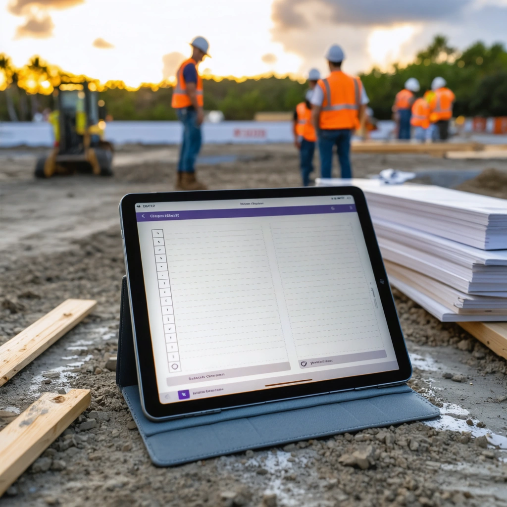 Tablet checklist on a clean jobsite with trades working in the background Tablet checklist on a clean jobsite with trades working in the background
