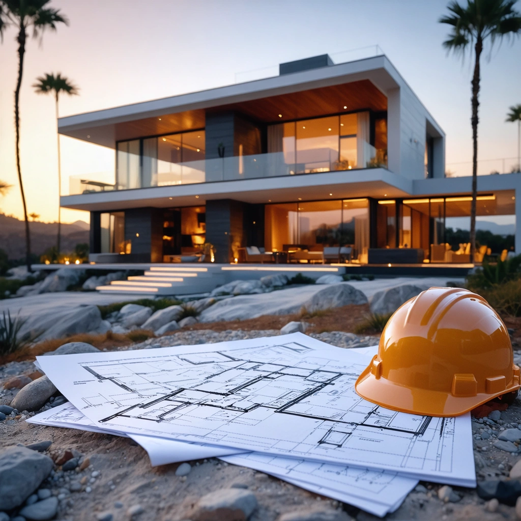 Modern coastal home exterior at sunset with construction elements in foreground Modern coastal home exterior at sunset with construction elements in foreground