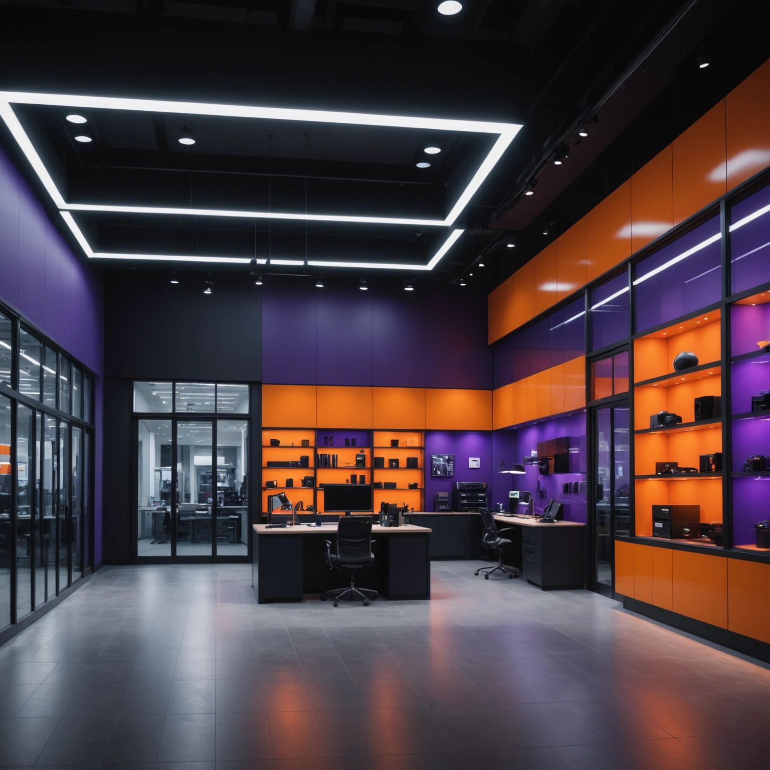 Modern commercial interior construction at night with architectural lighting