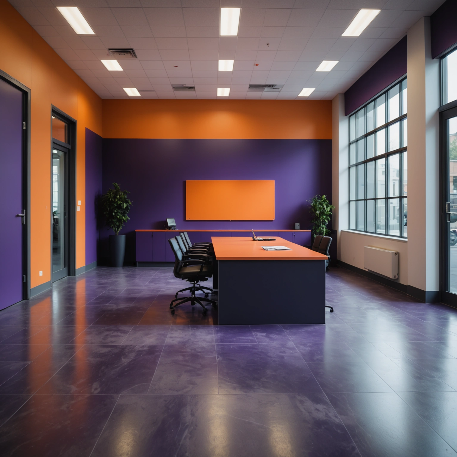Commercial building interior nearing completion with protected flooring and installed lighting