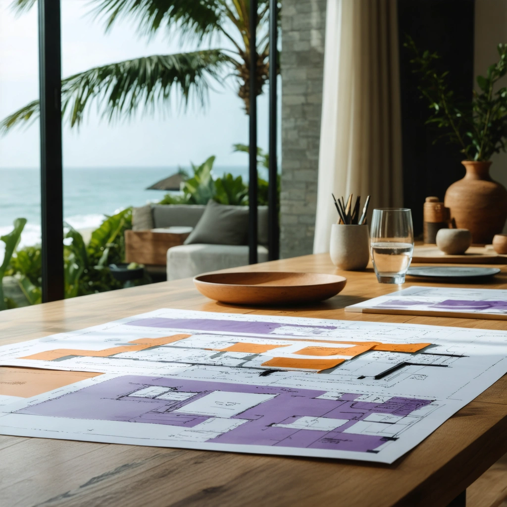 Architect plans and material samples on a table in a modern coastal home