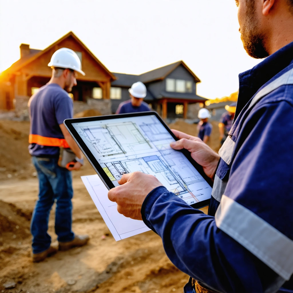 Project manager and builders at sunrise on a clean home construction site