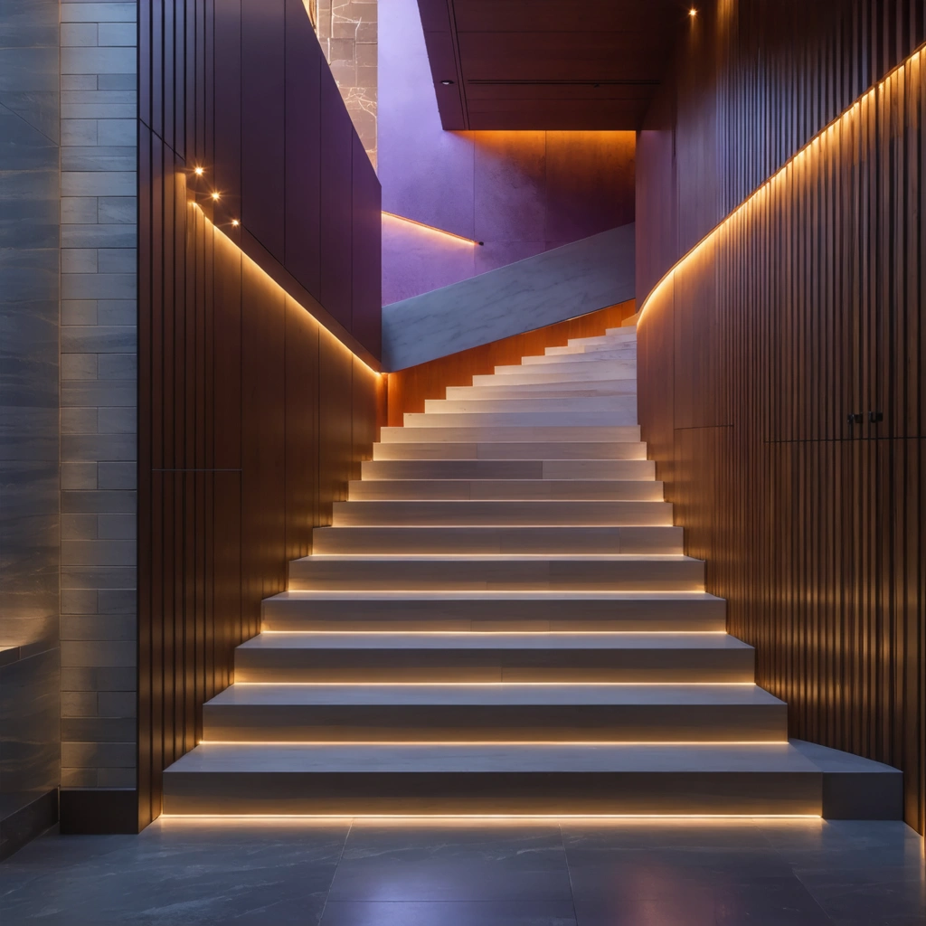 Closeup of modern staircase in a luxury home with warm lighting