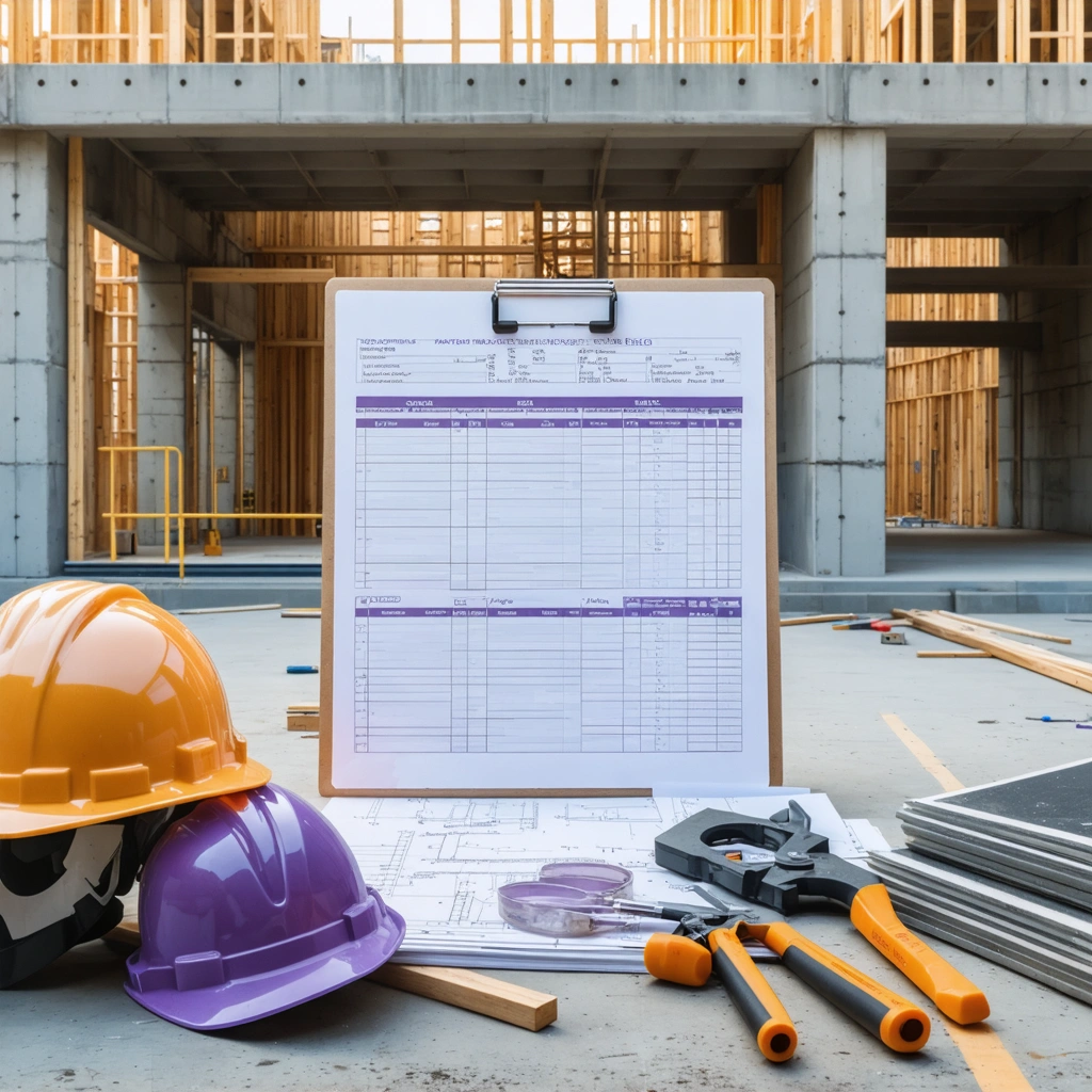 Workers' schedule and plans at a clean construction site with safety gear