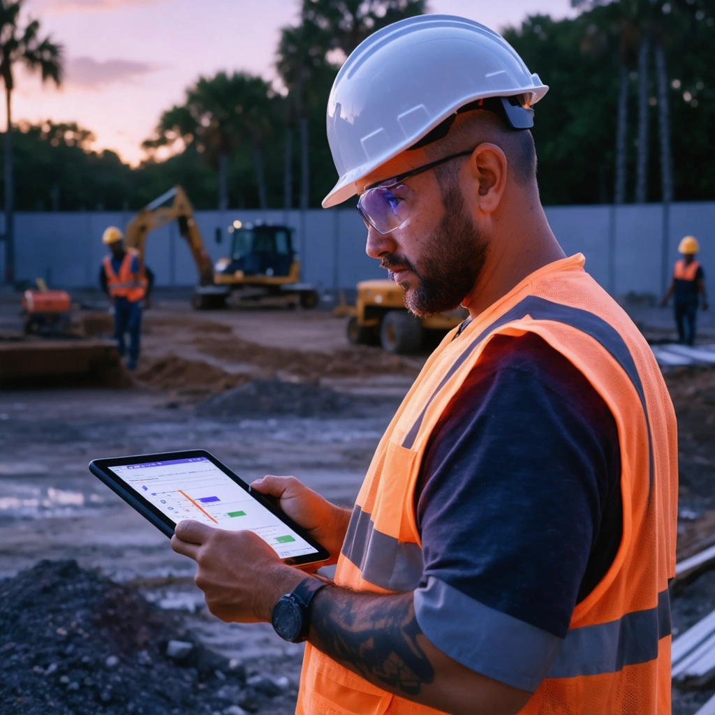 Project manager using a tablet at a construction site at dusk