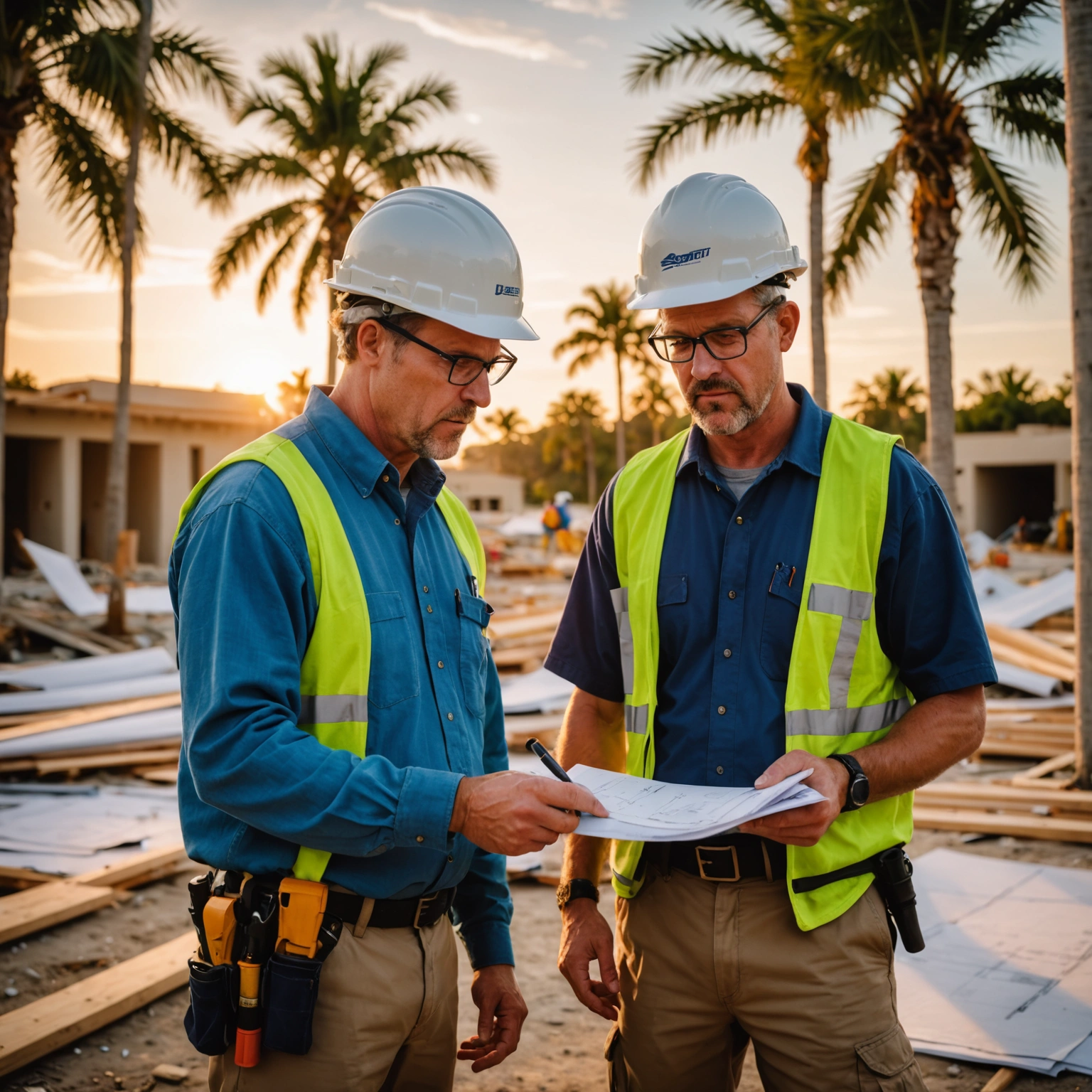 Construction team reviewing blueprints at a Florida jobsite with home framing in the background Construction team reviewing blueprints at a Florida jobsite with home framing in the background