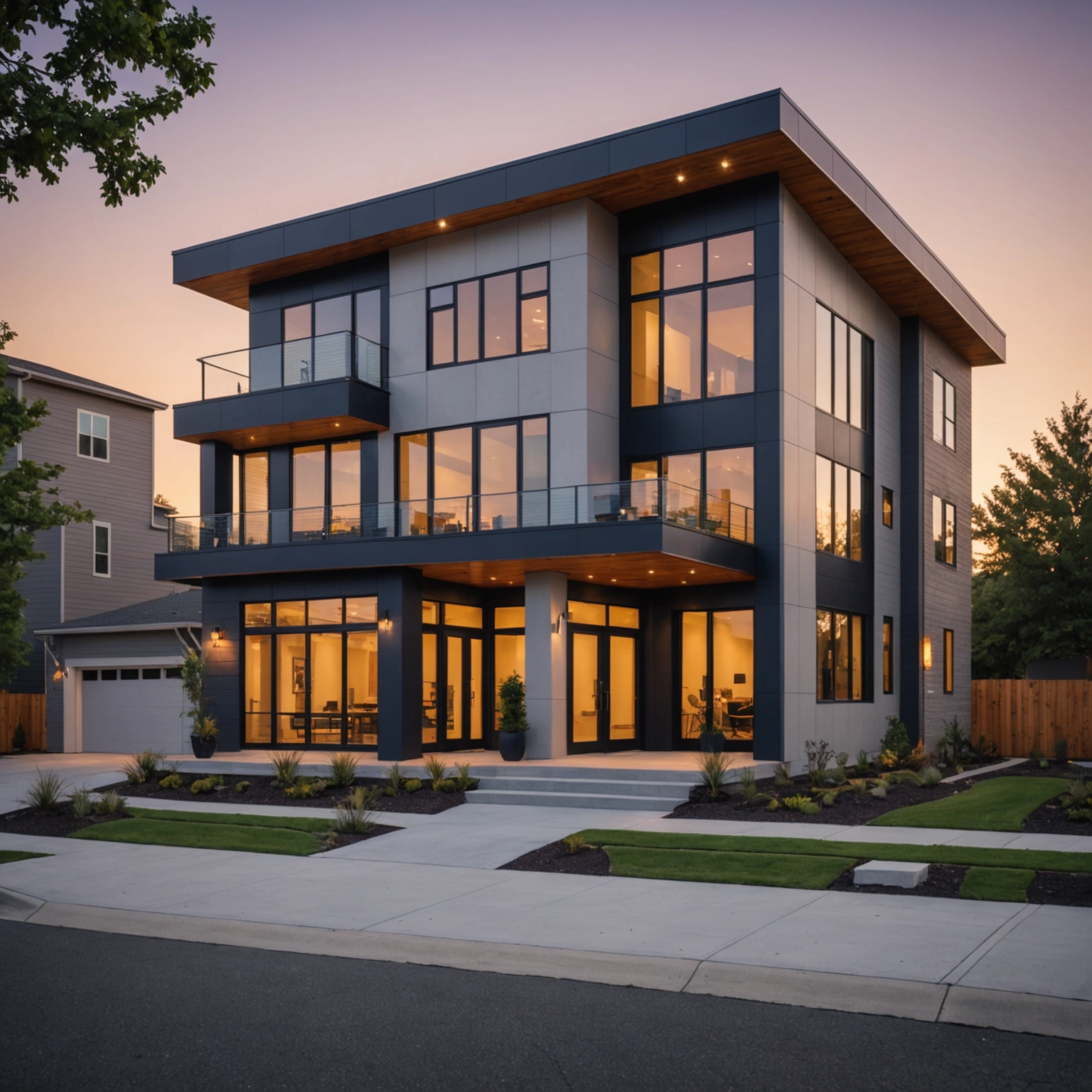 home-4 Modern home and commercial storefront at sunset with construction elements