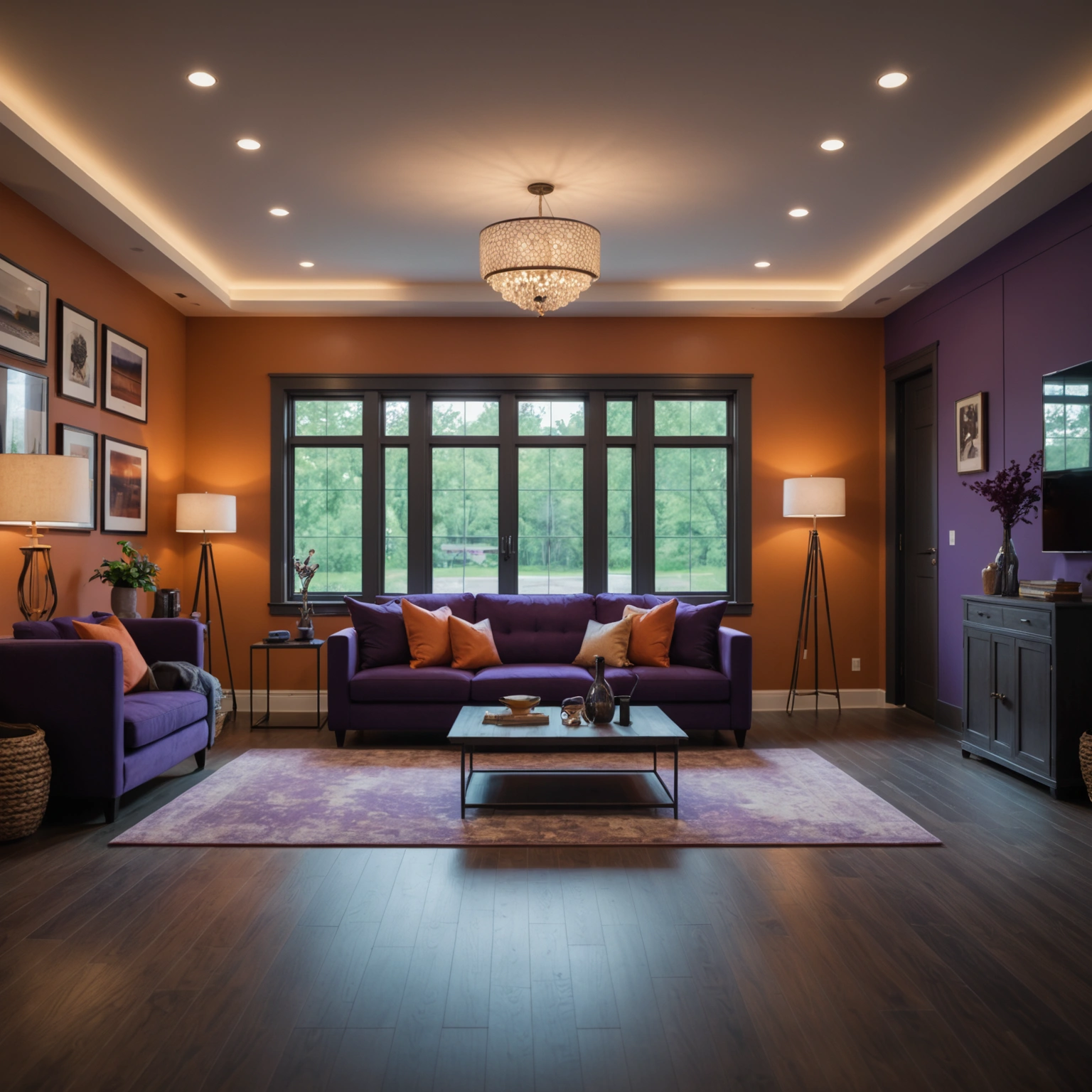 Remodeled open living space with warm lighting and purple accents Remodeled open living space with warm lighting and purple accents