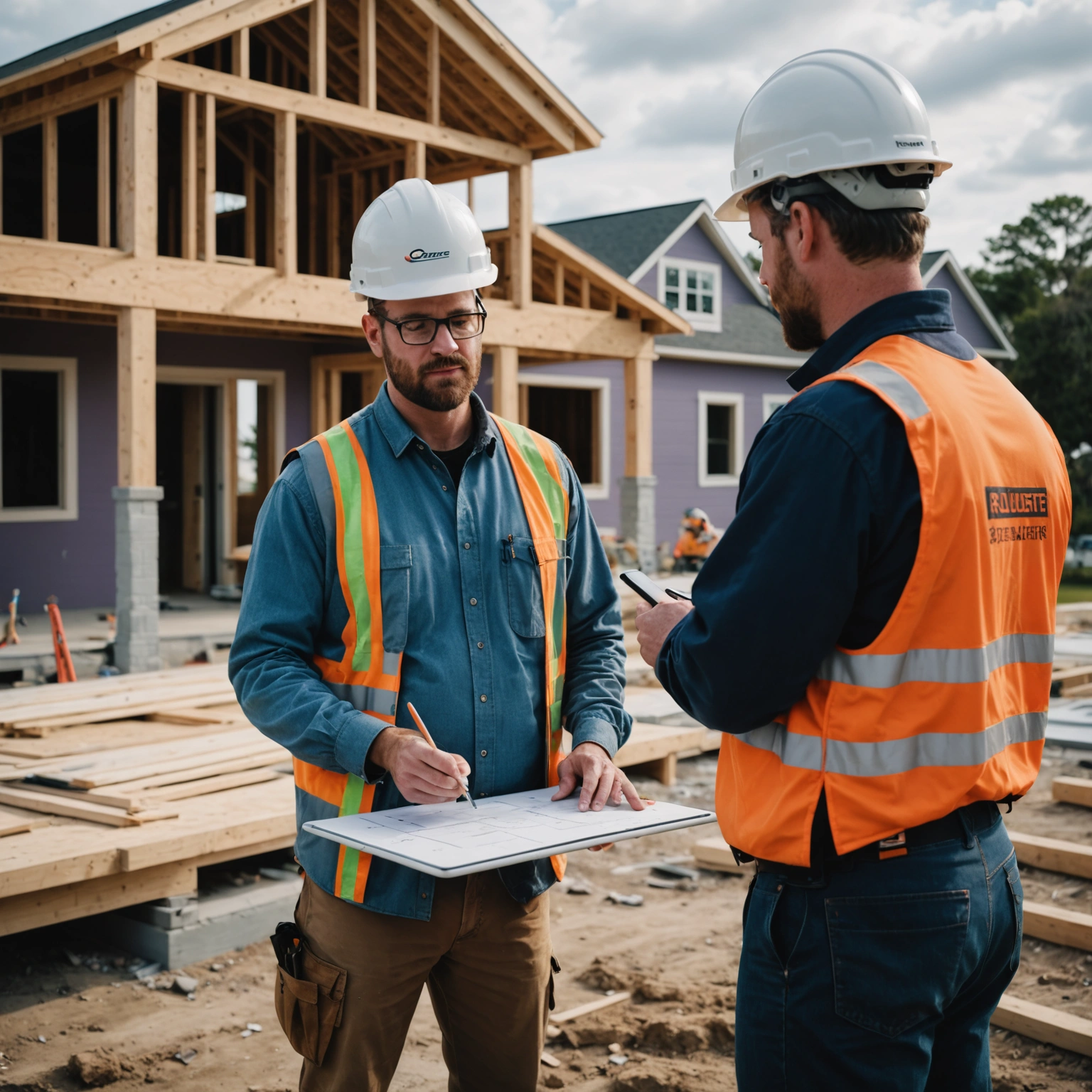 Project manager using tablet near builders reviewing blueprints at a home addition site Project manager using tablet near builders reviewing blueprints at a home addition site