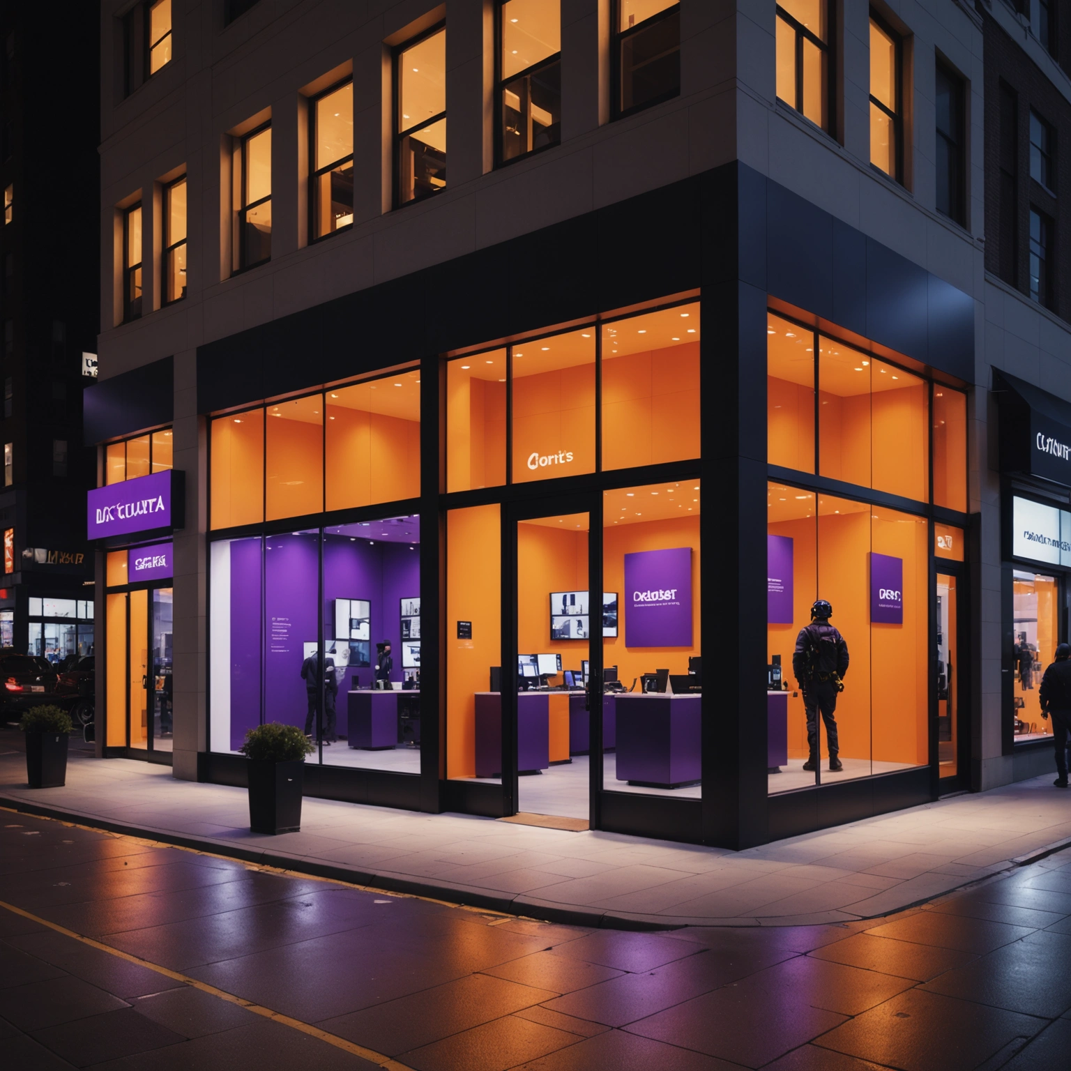 Nighttime renovation of a modern retail or office space with architectural lighting Nighttime renovation of a modern retail or office space with architectural lighting