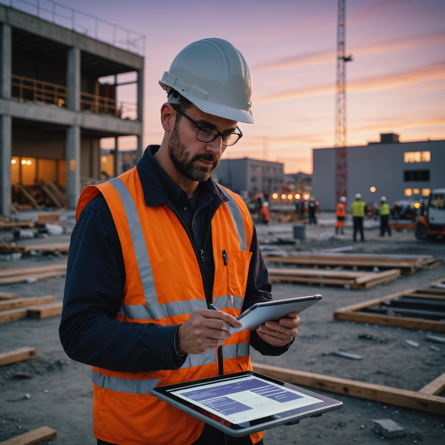 Project manager using a tablet at a commercial renovation site at dusk Project manager using a tablet at a commercial renovation site at dusk
