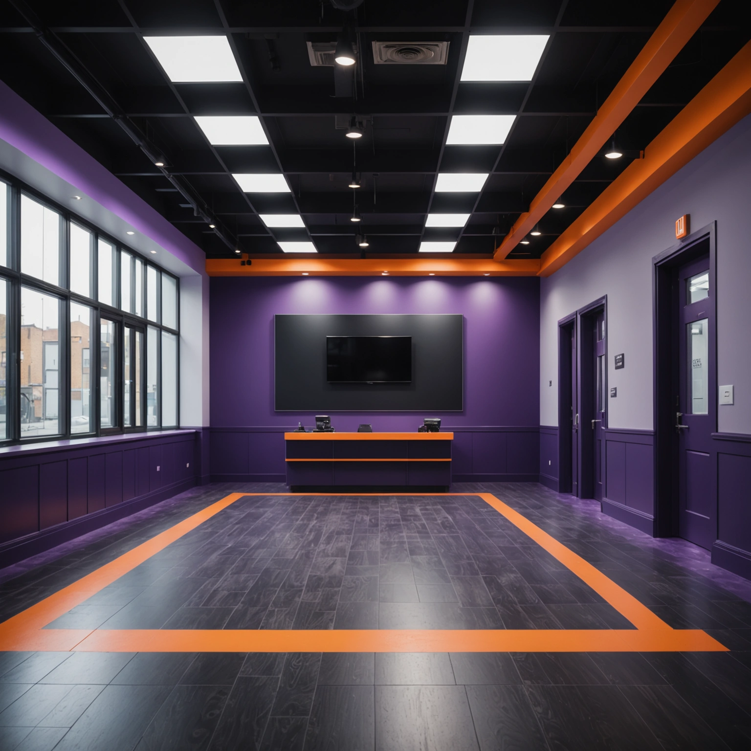 Clean commercial interior renovation with installed lighting and staged fixtures Clean commercial interior renovation with installed lighting and staged fixtures