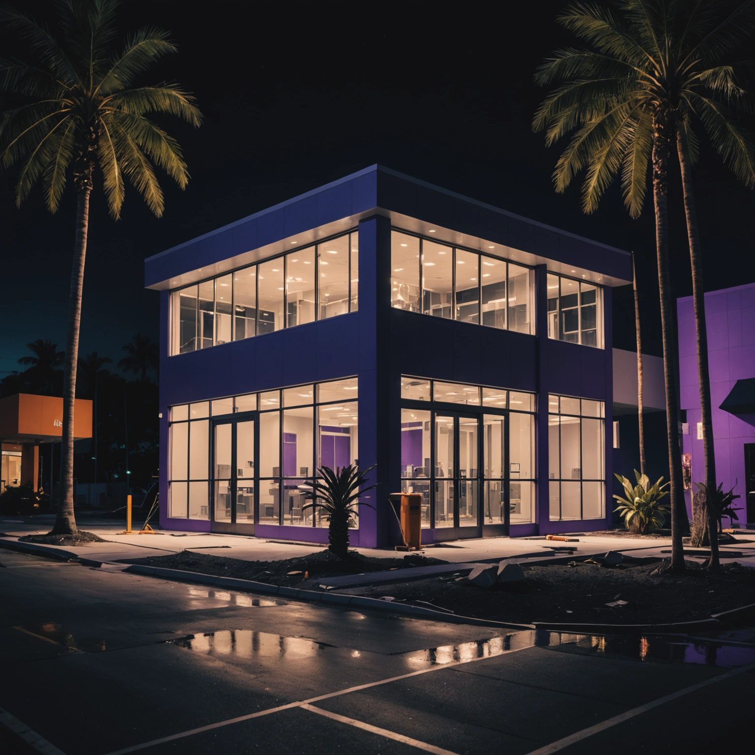 Nighttime construction site with interior framing and palm trees outside
