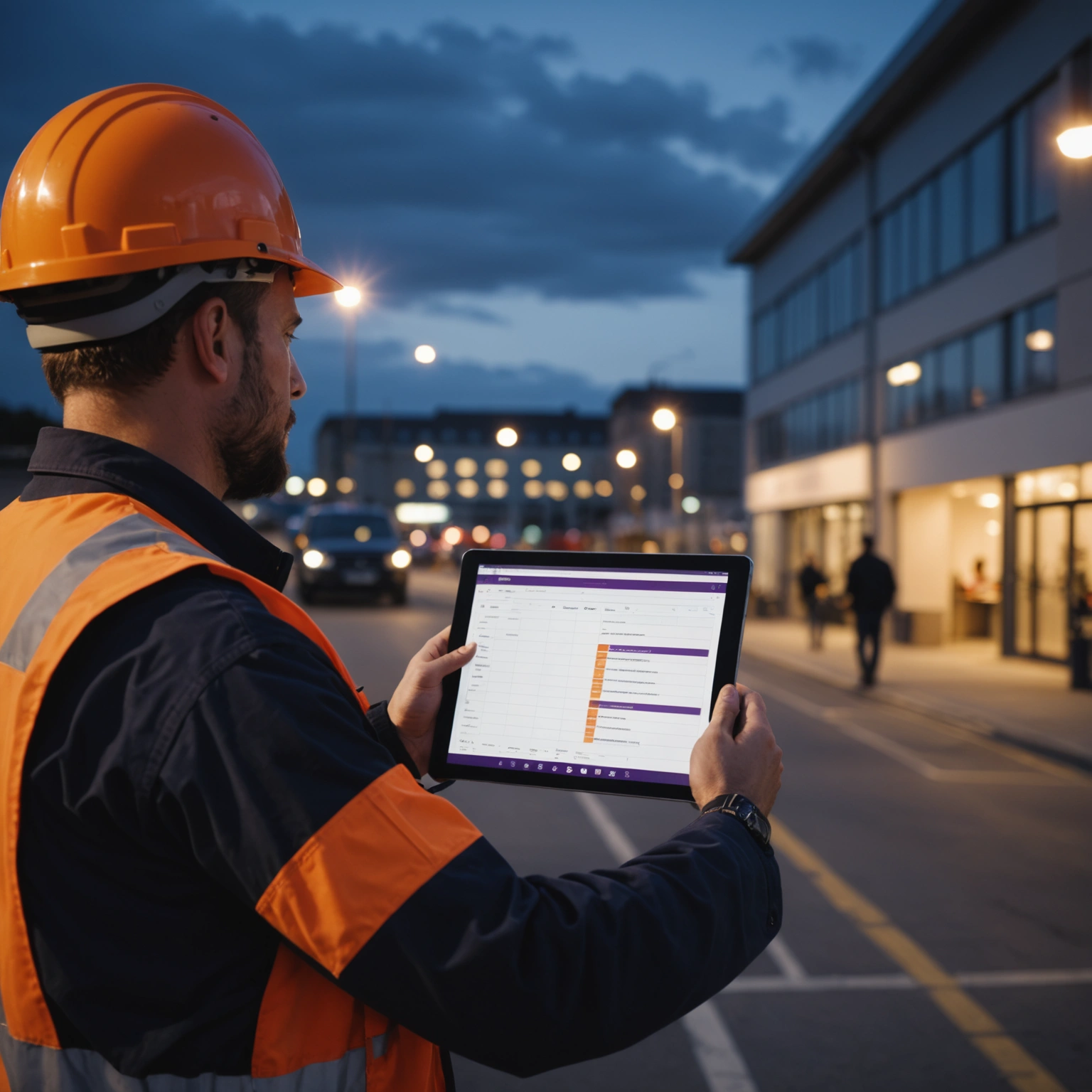 Tablet checklist at a commercial interior site with trades working at dusk