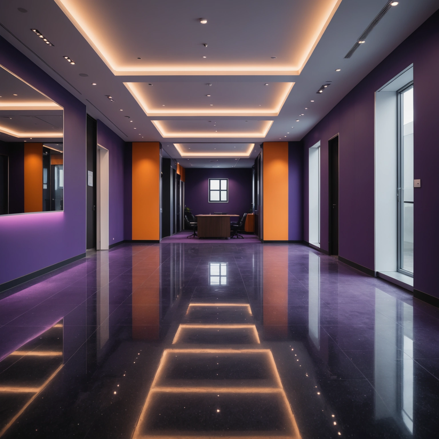 Modern commercial interior with orange highlights and purple accents
