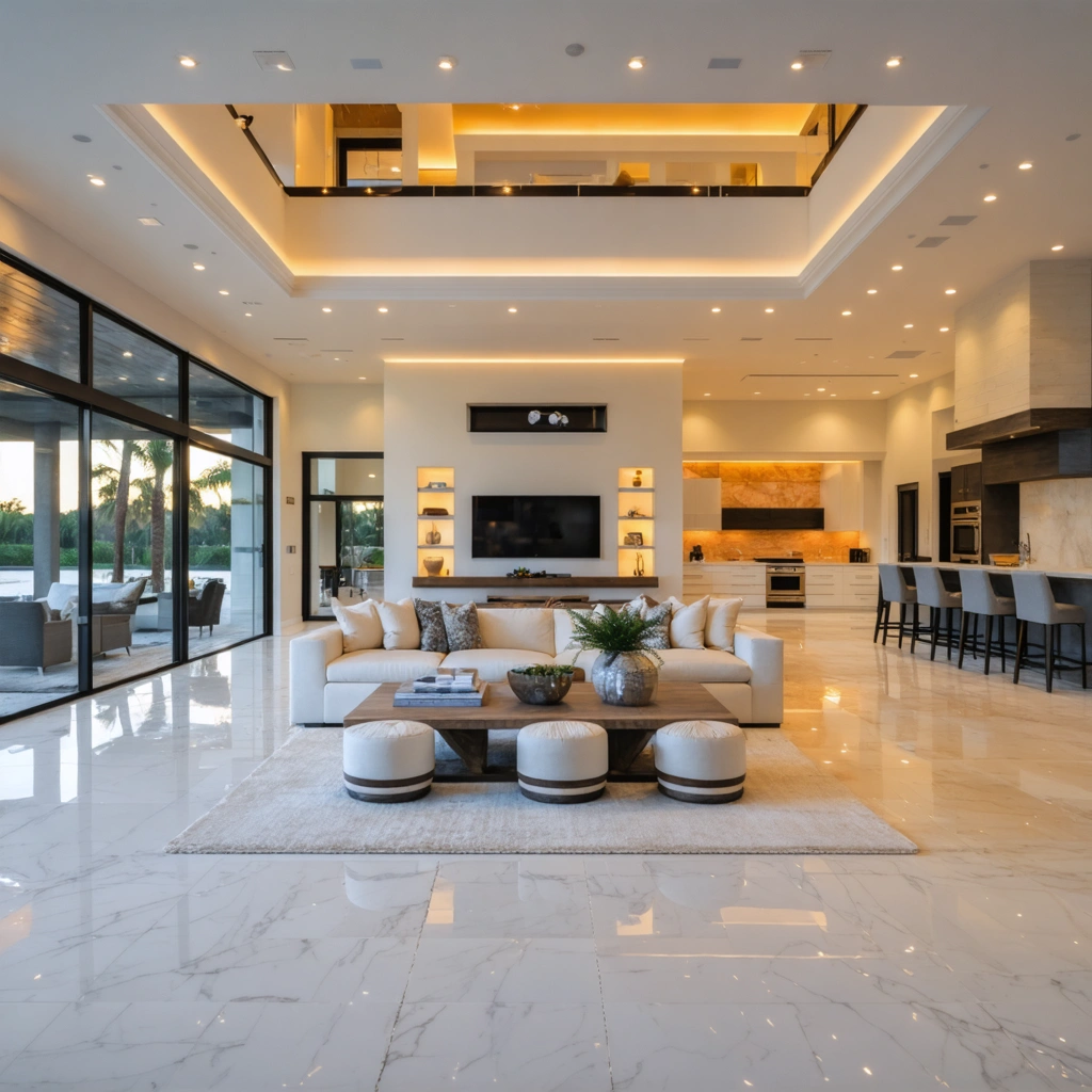 Mid-remodel open concept coastal Florida interior with warm lighting