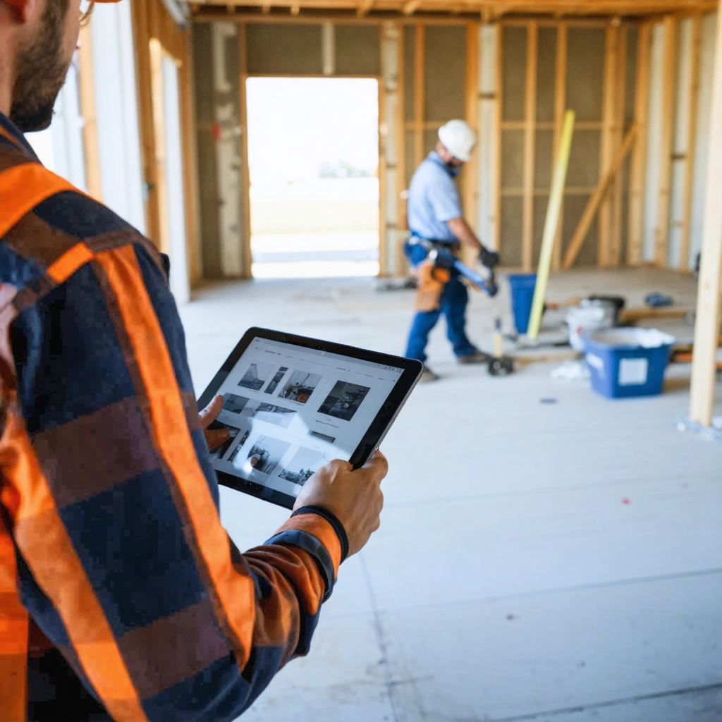 Project manager using a tablet at a clean remodel jobsite with working trades