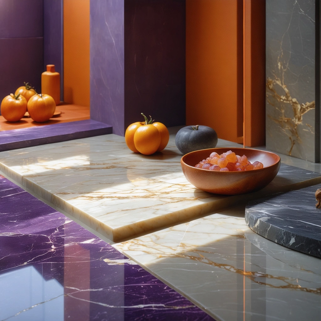 Luxury finishes, flooring samples, and cabinet doors with warm lighting