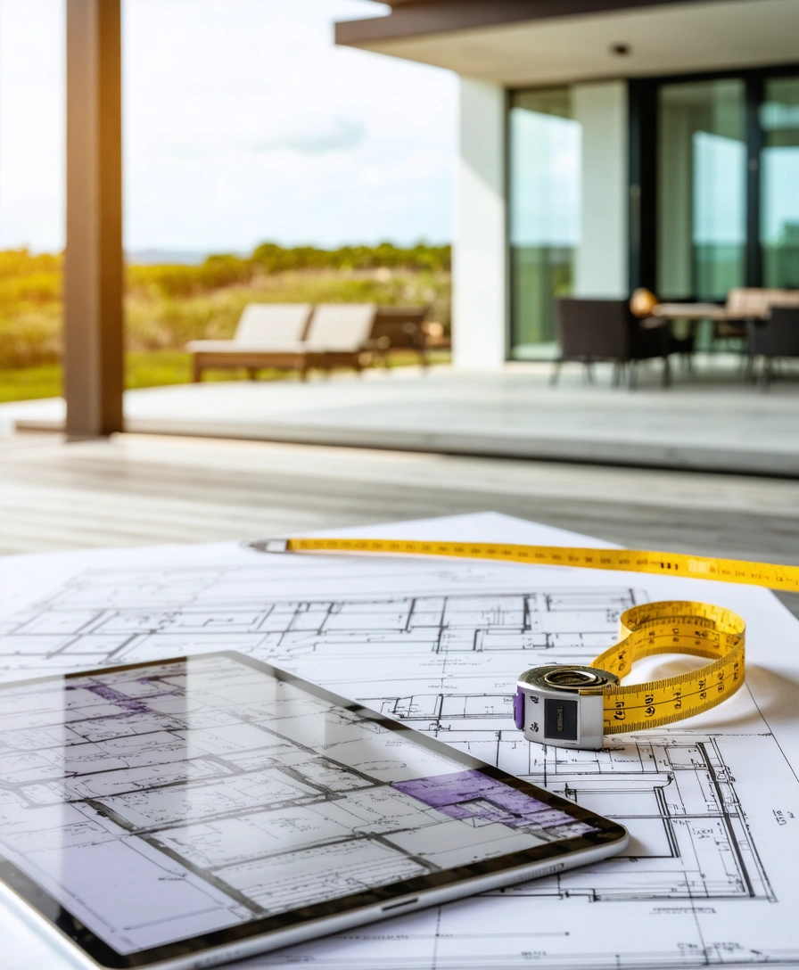 port-charlotte-2 Architectural blueprints, tablet, and materials on a jobsite table with blurred coastal home background